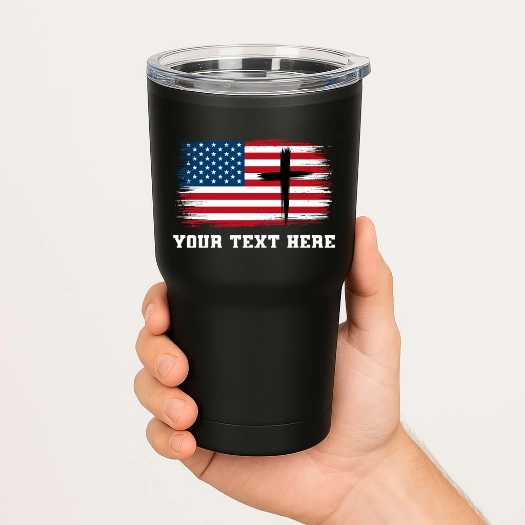 USA Flag Cross Christian Custom Personalized Text 20oz Tumbler - Front 1