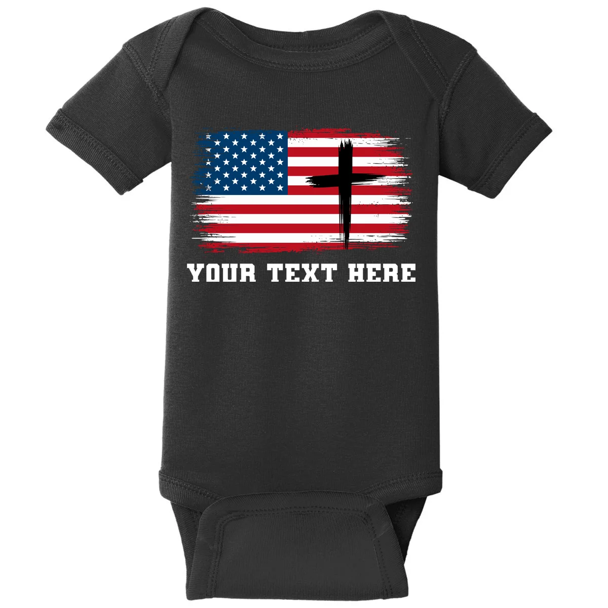 USA Flag Cross Christian Custom Personalized Text Baby Bodysuit - Front