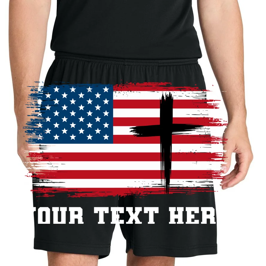 USA Flag Cross Christian Custom Personalized Text Men's Shorts - Front 1