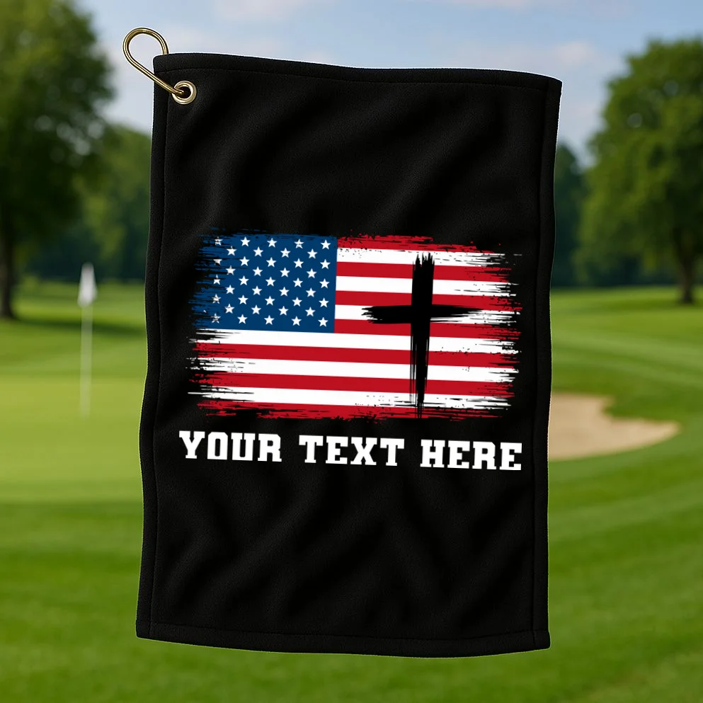 USA Flag Cross Christian Custom Personalized Text Golf Towel - Front 1