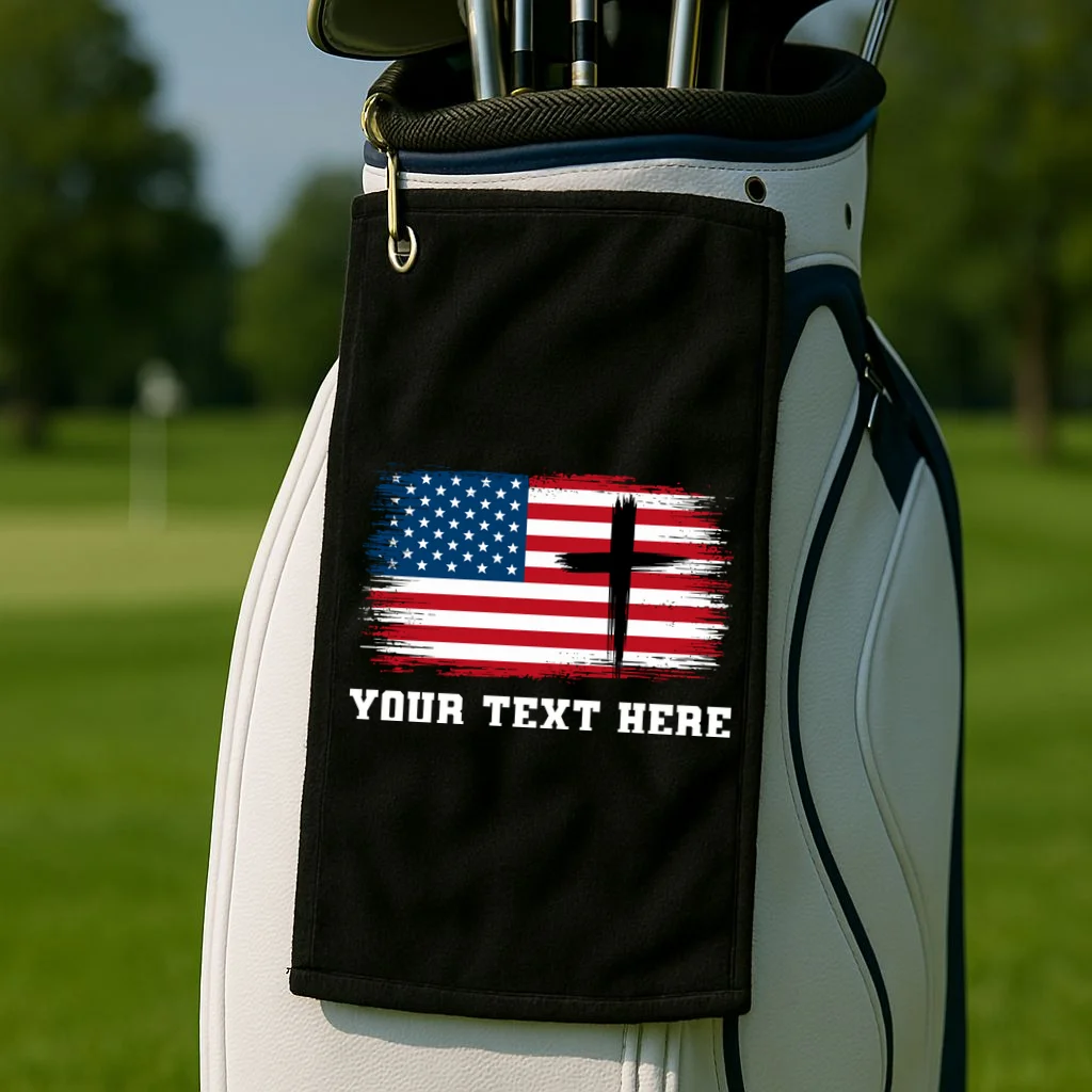 USA Flag Cross Christian Custom Personalized Text Golf Towel - Front 2