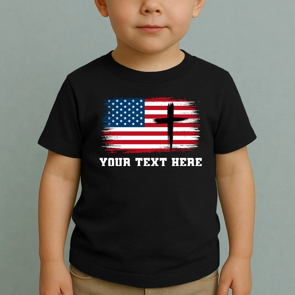 USA Flag Cross Christian Custom Personalized Text Toddler T-Shirt - Front 1