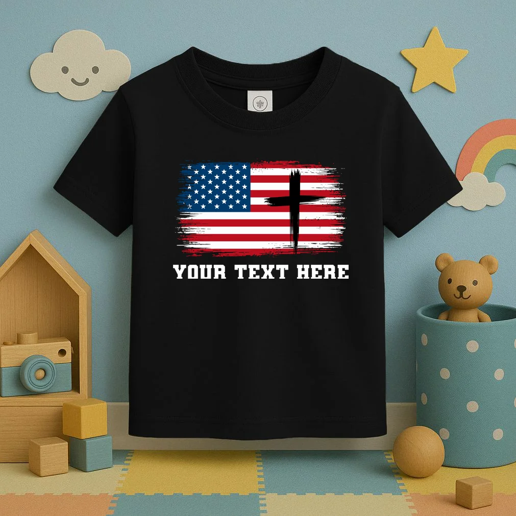 USA Flag Cross Christian Custom Personalized Text Toddler T-Shirt - Front 2