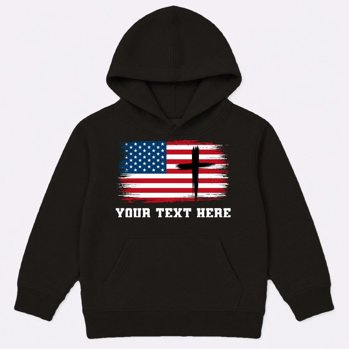 USA Flag Cross Christian Custom Personalized Text Kids Hoodie - Front