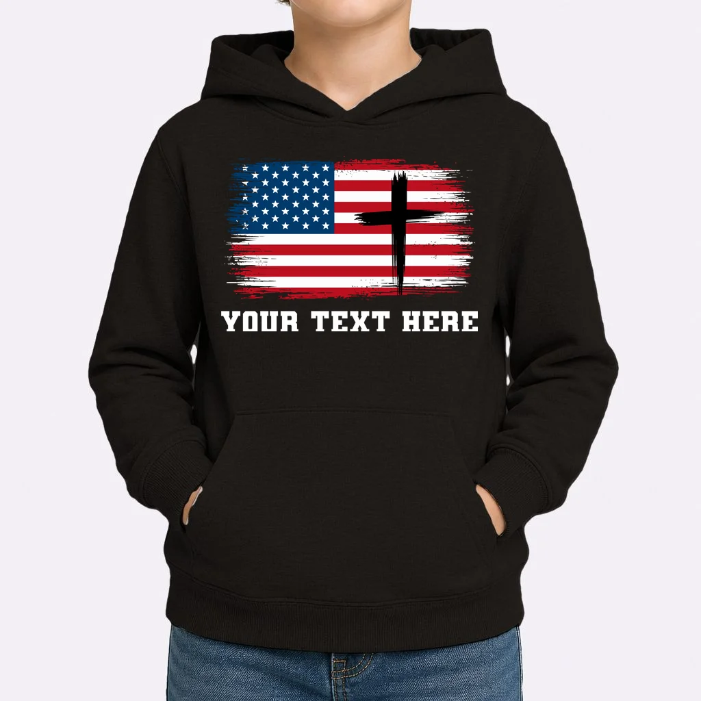 USA Flag Cross Christian Custom Personalized Text Kids Hoodie - Front 1