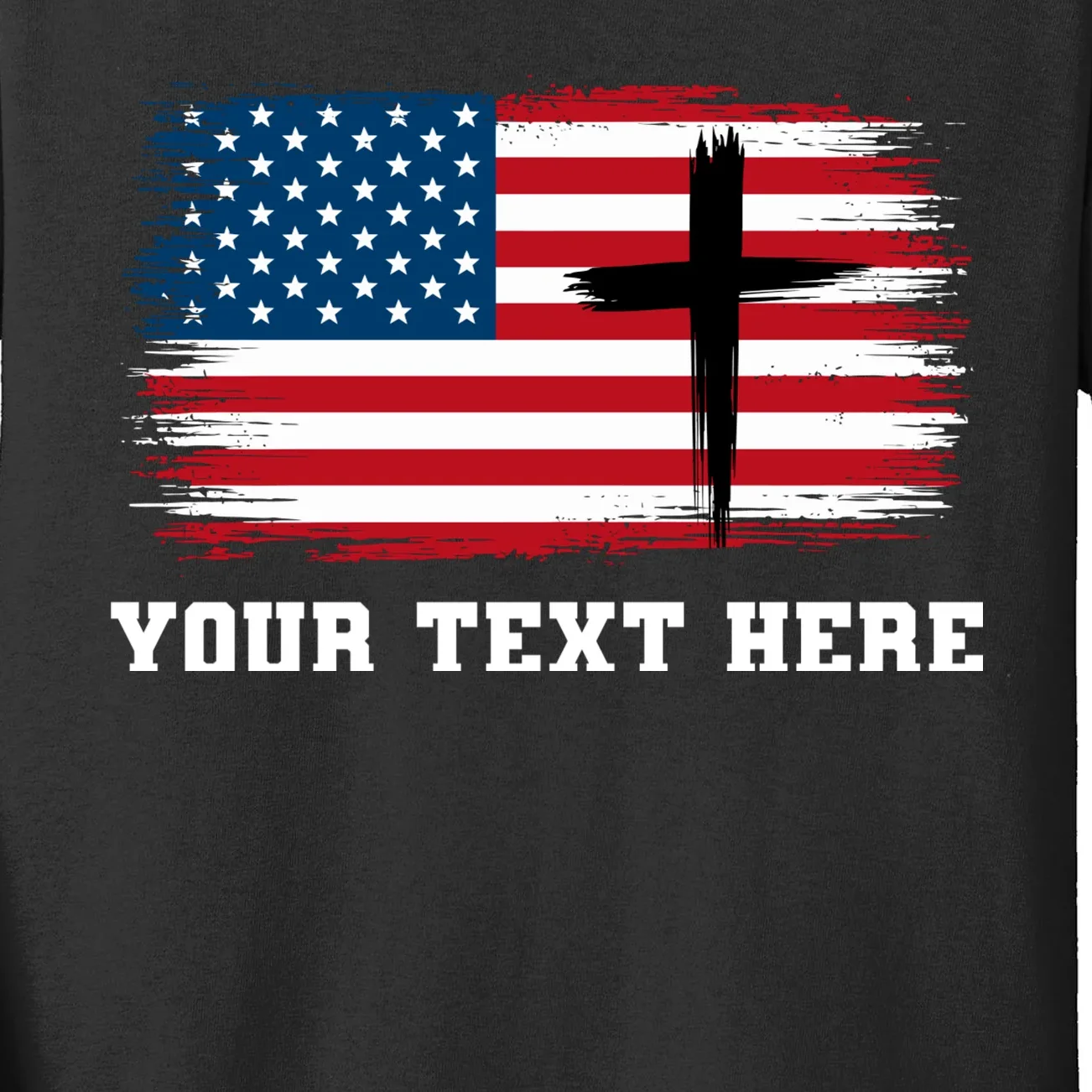 USA Flag Cross Christian Custom Personalized Text Kids Long Sleeve Shirt - Front - Close-up