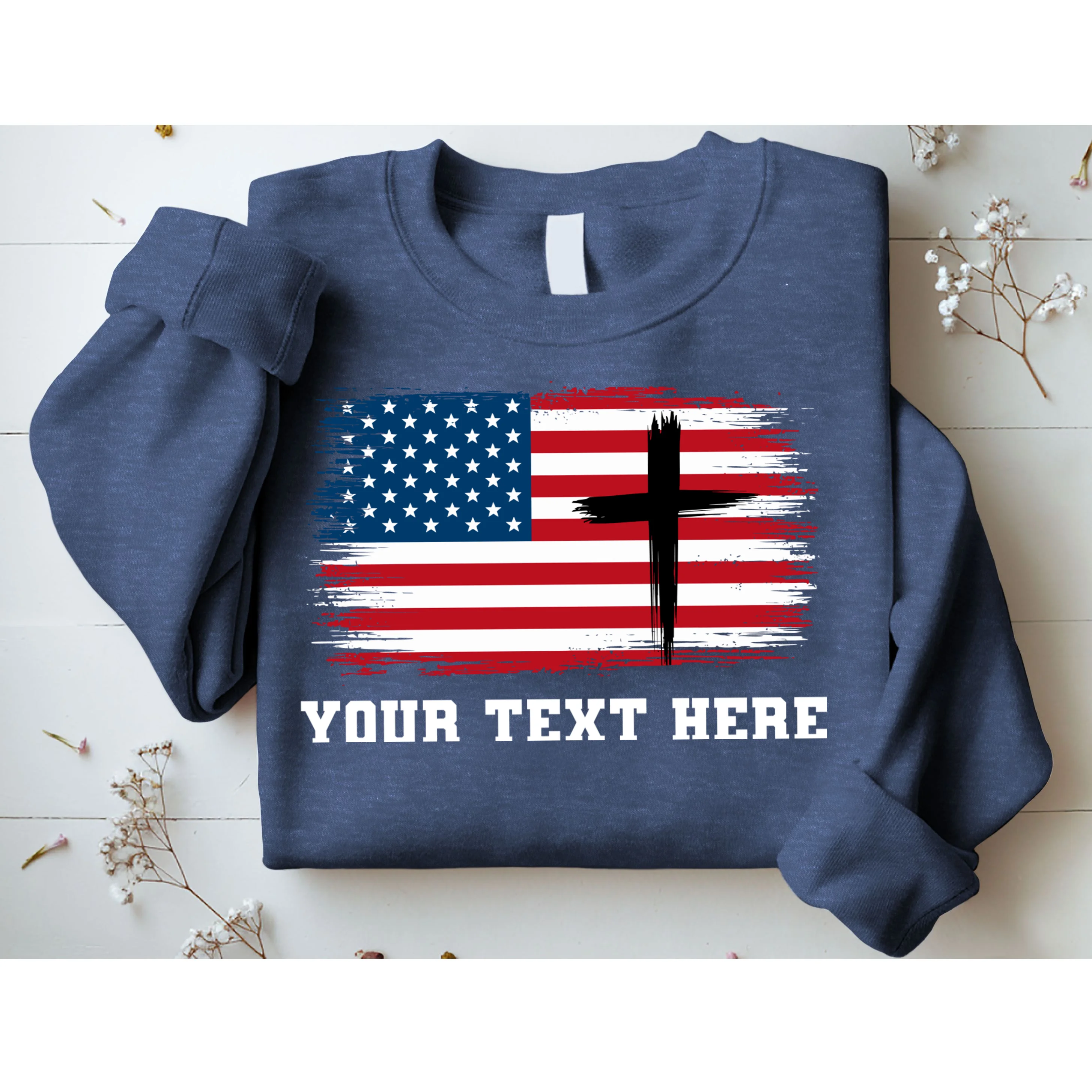 USA Flag Cross Christian Custom Personalized Text Sweatshirt - Front 1