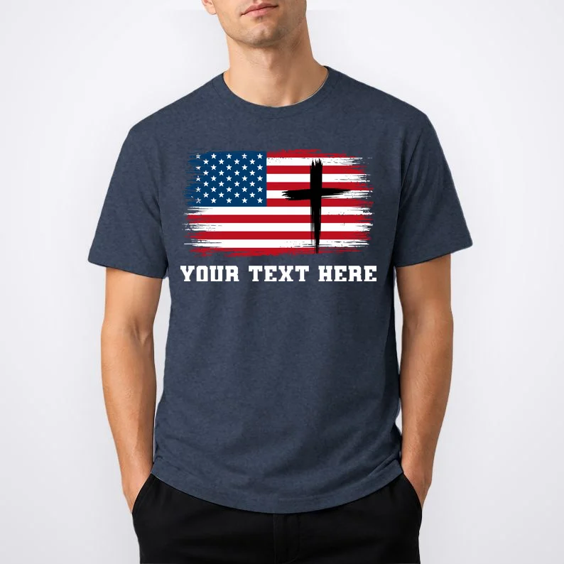 USA Flag Cross Christian Custom Personalized Text T-Shirt - Front 1