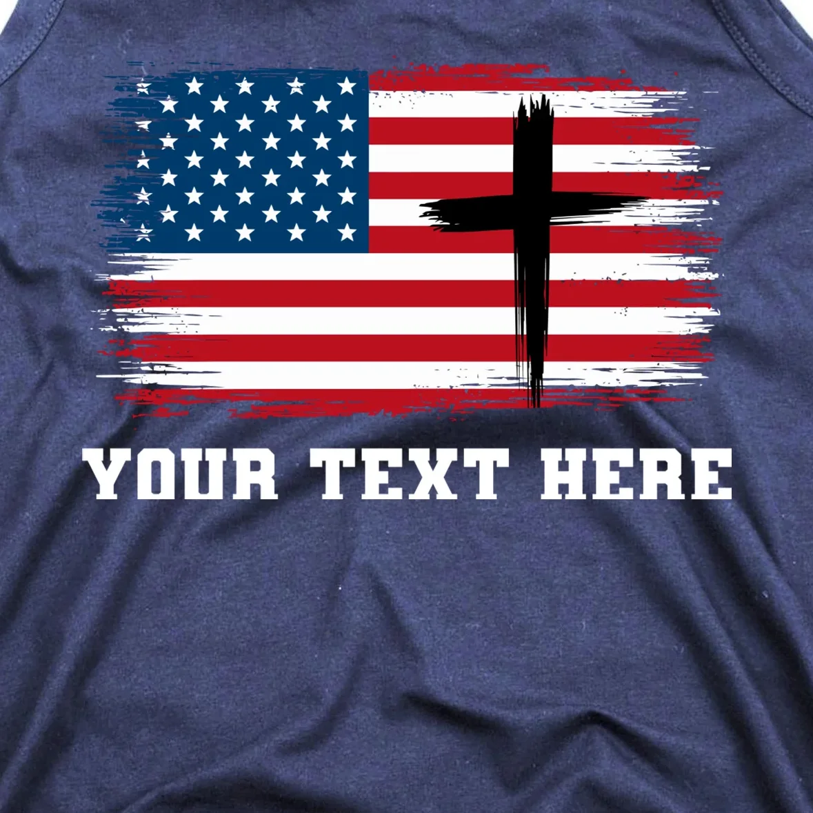 USA Flag Cross Christian Custom Personalized Text Men's Tank Top - Front - Close-up