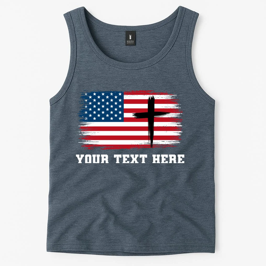USA Flag Cross Christian Custom Personalized Text Tank Top - Front 1
