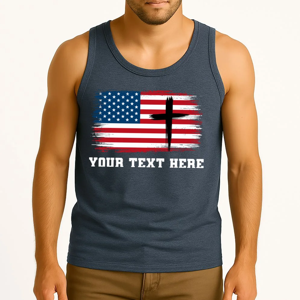 USA Flag Cross Christian Custom Personalized Text Tank Top - Front 2