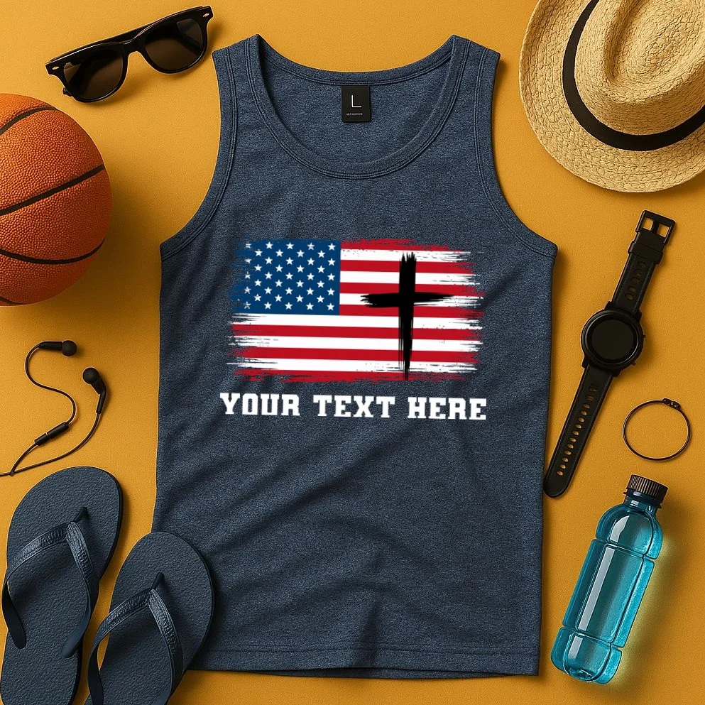 USA Flag Cross Christian Custom Personalized Text Tank Top - Front 3