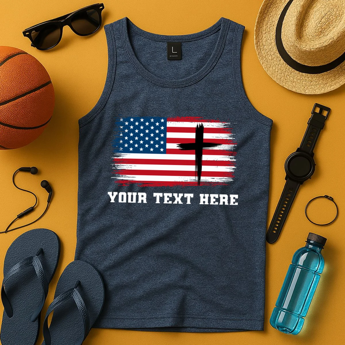 USA Flag Cross Christian Custom Personalized Text Tank Top - Front 3