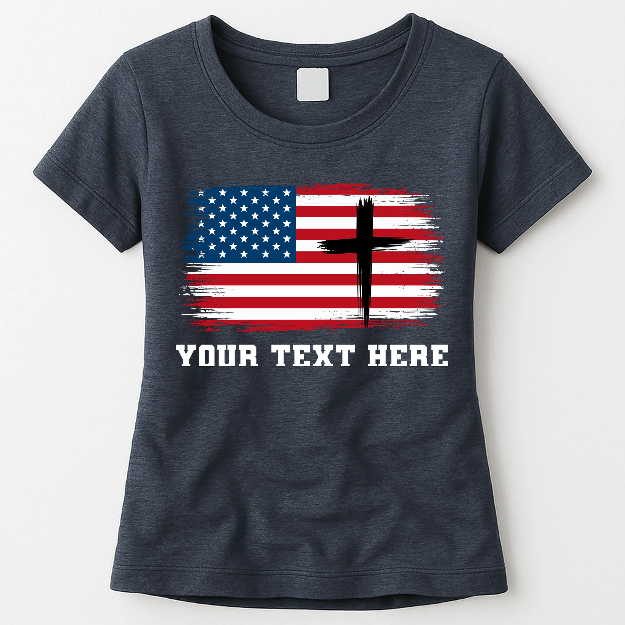 USA Flag Cross Christian Custom Personalized Text Women's T-Shirt - Front