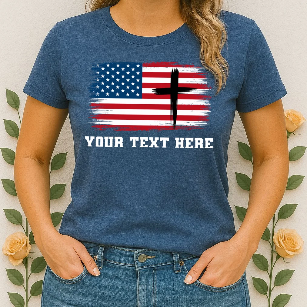 USA Flag Cross Christian Custom Personalized Text Women's T-Shirt - Front 1