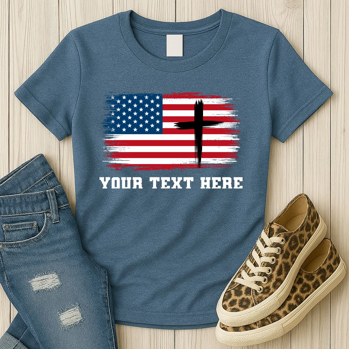USA Flag Cross Christian Custom Personalized Text Women's T-Shirt - Front 2