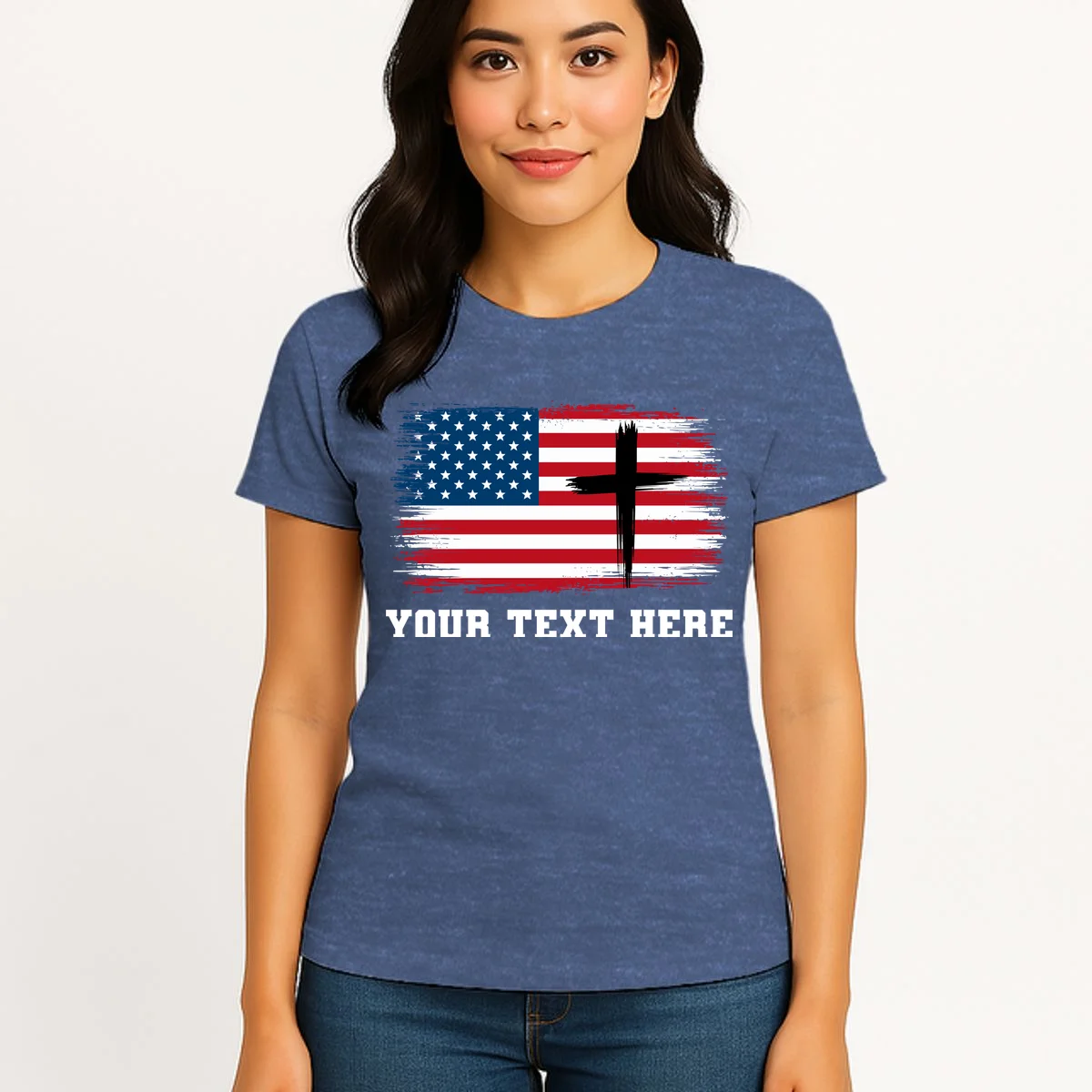 USA Flag Cross Christian Custom Personalized Text Women's T-Shirt - Front 3