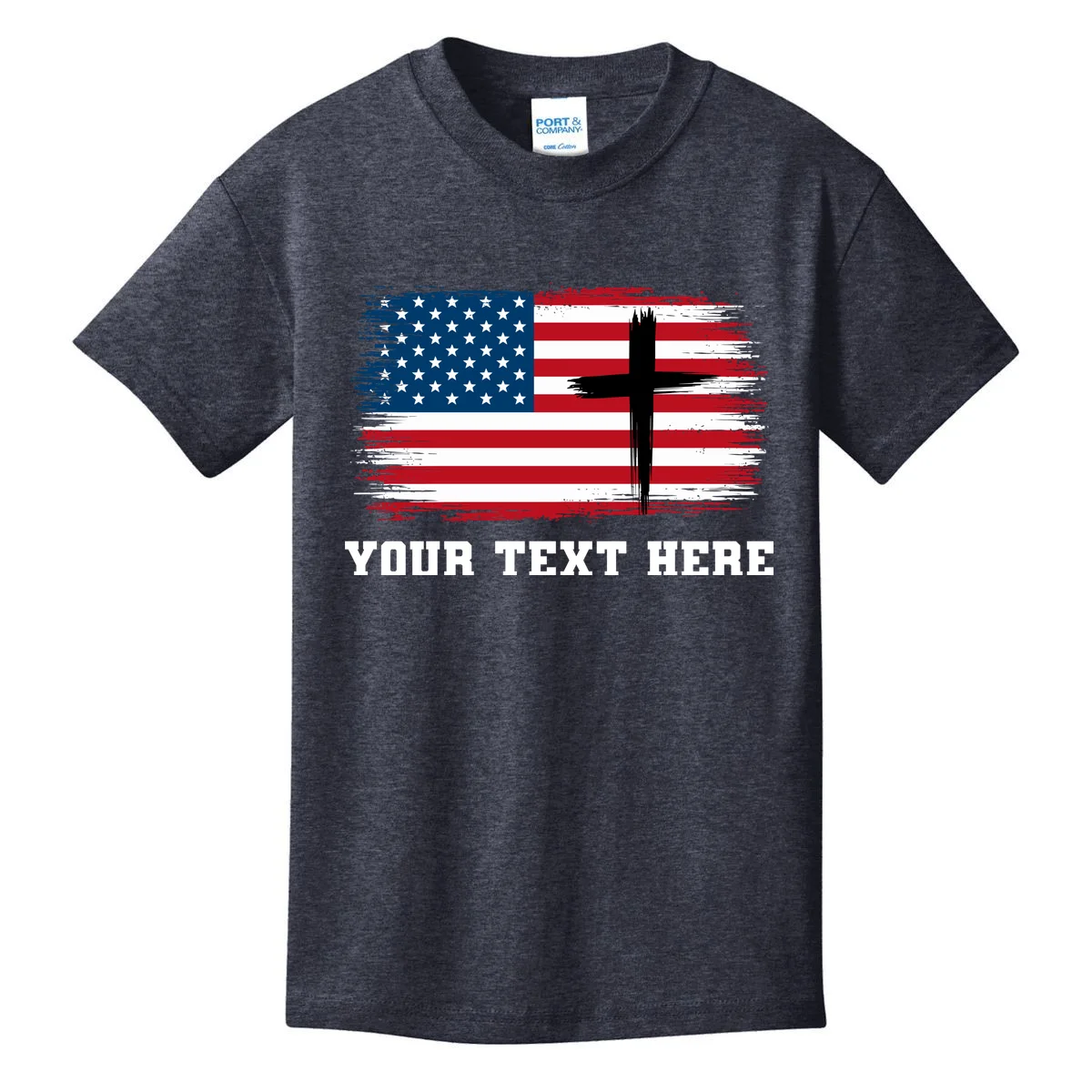 USA Flag Cross Christian Custom Personalized Text Kids T-Shirt - Front
