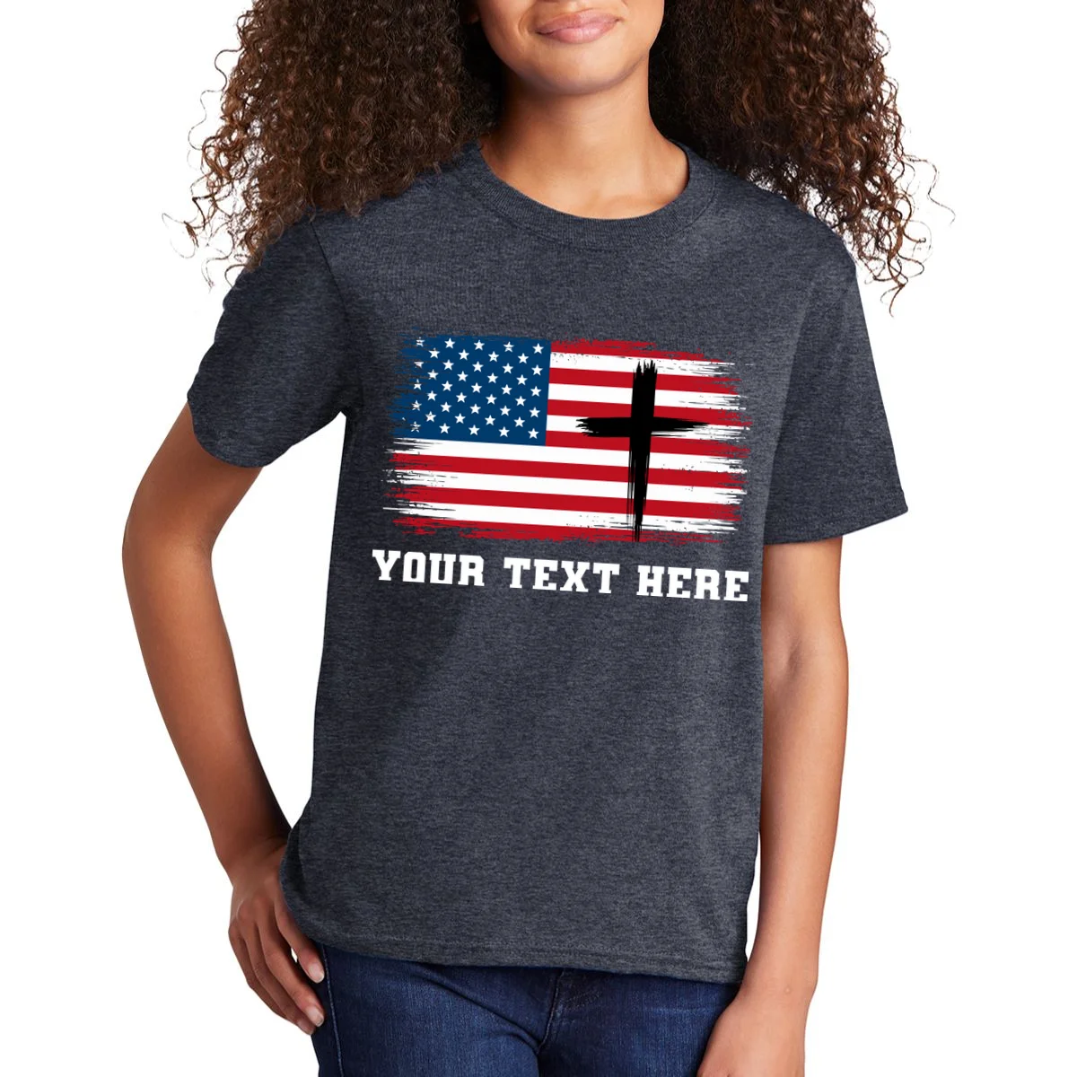 USA Flag Cross Christian Custom Personalized Text Kids T-Shirt - Front 1