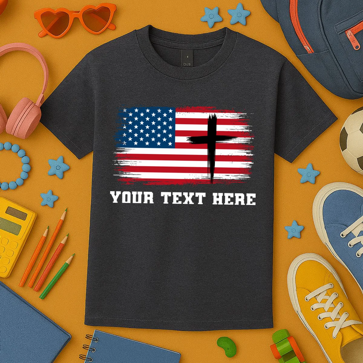 USA Flag Cross Christian Custom Personalized Text Kids T-Shirt - Front 2