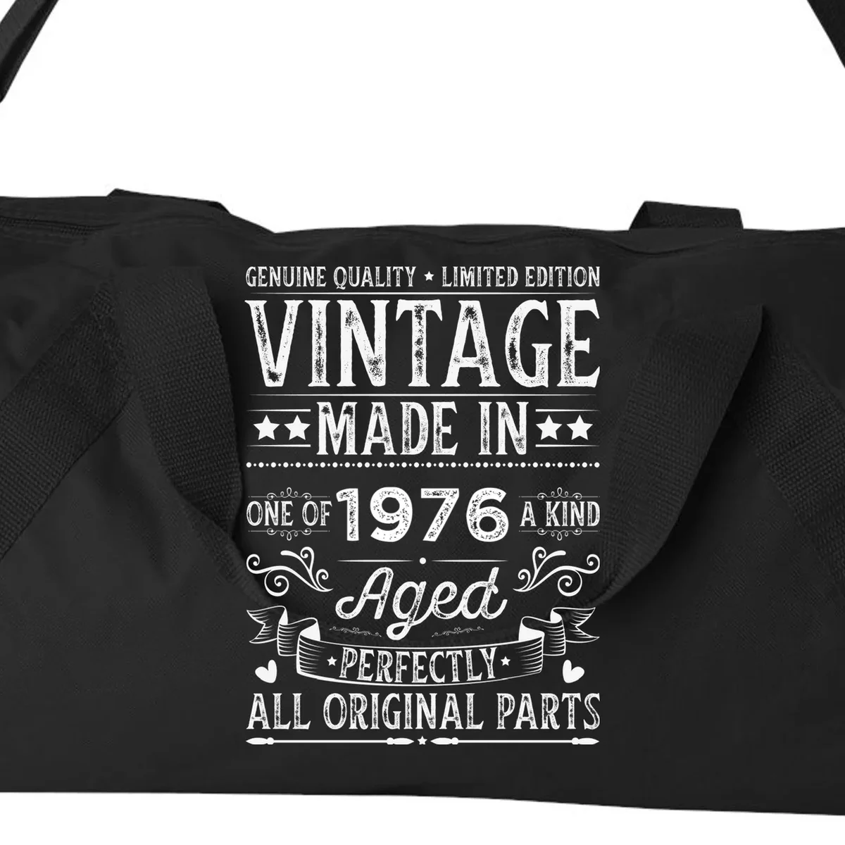 Vintage Made In Custom Year Birthday Gift Aged Perfectly, Personalized Duffel Bag - Front - Close-up