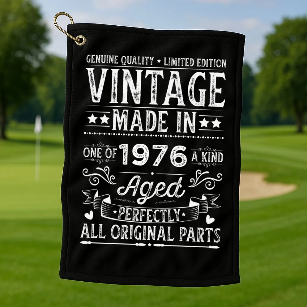 Vintage Made In Custom Year Birthday Gift Aged Perfectly, Personalized Golf Towel - Front 1