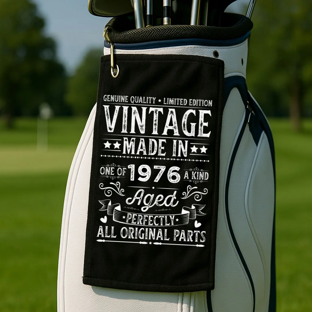 Vintage Made In Custom Year Birthday Gift Aged Perfectly, Personalized Golf Towel - Front 2