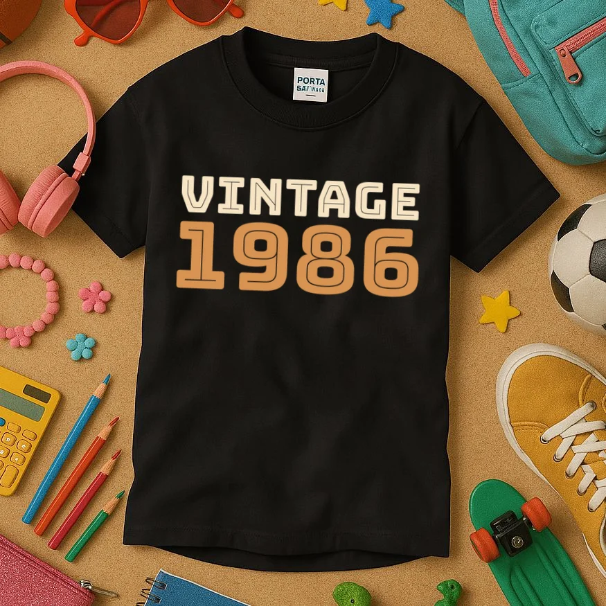 VINTAGE Retro Birthday Year Customizable Kids T-Shirt - Front 2