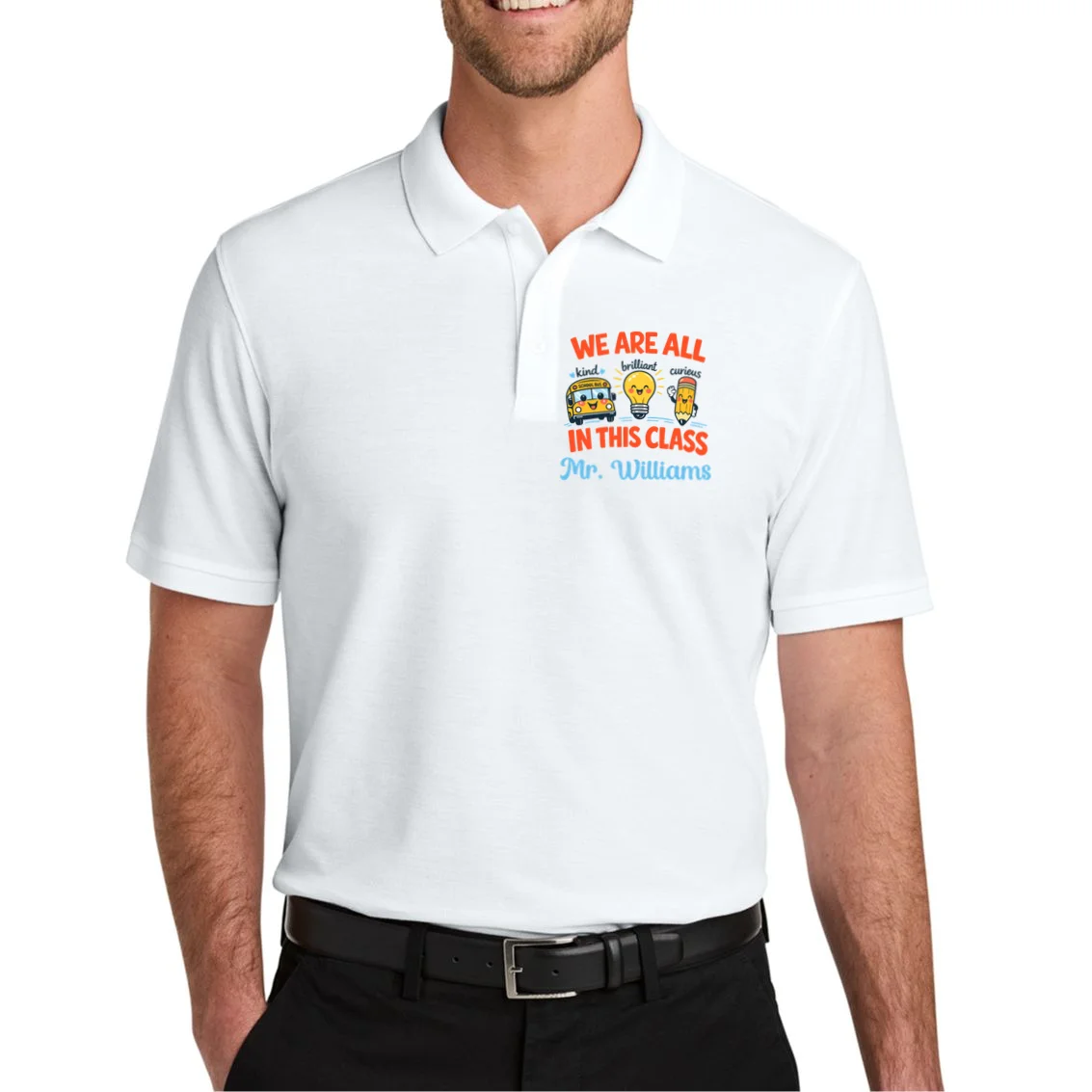 We Are All In This Class Custom Grade Level Teacher Name Men's Polo - Front 1