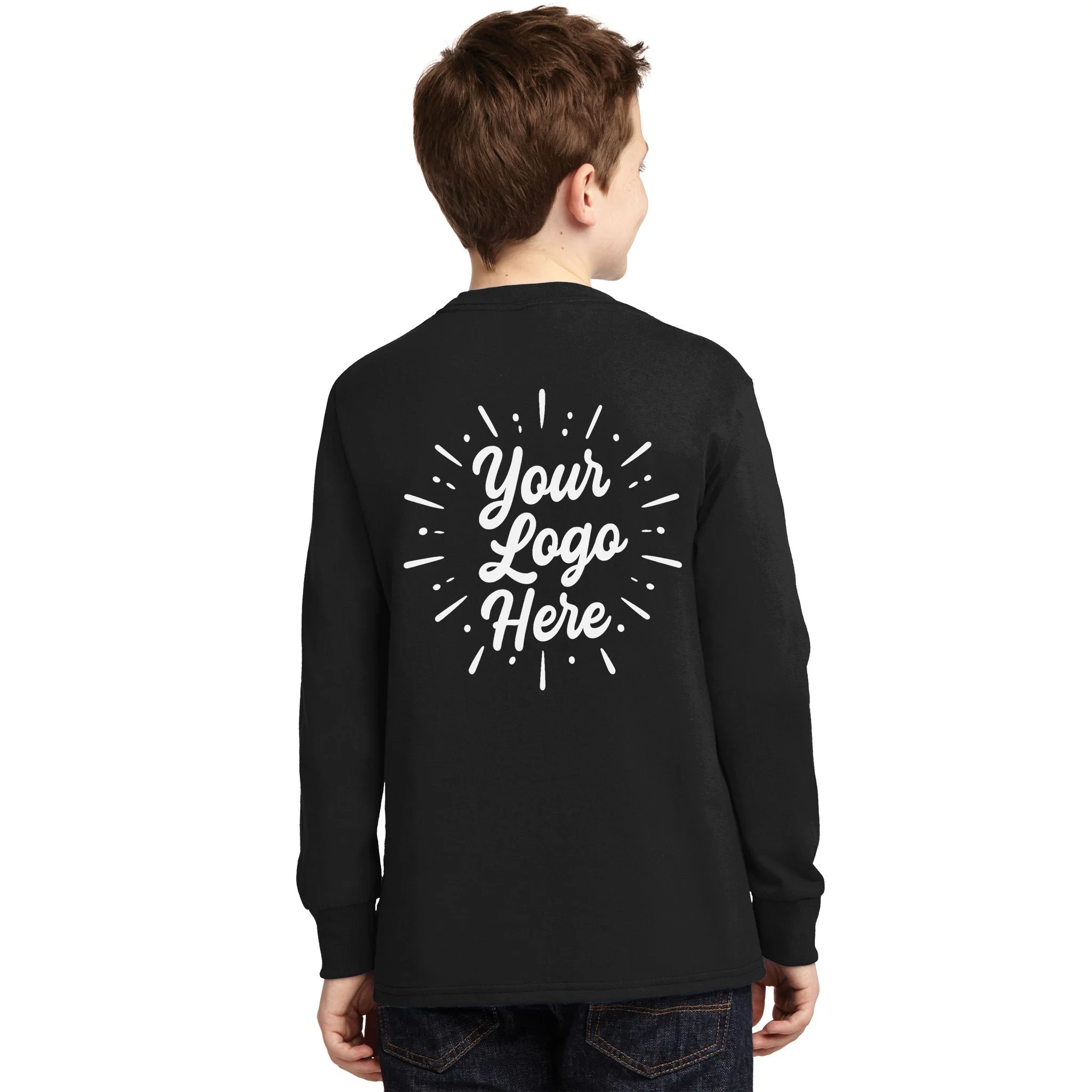 Your Logo Here Custom Business Logo Front And Back Kids Long Sleeve Shirt - Back - Close-up