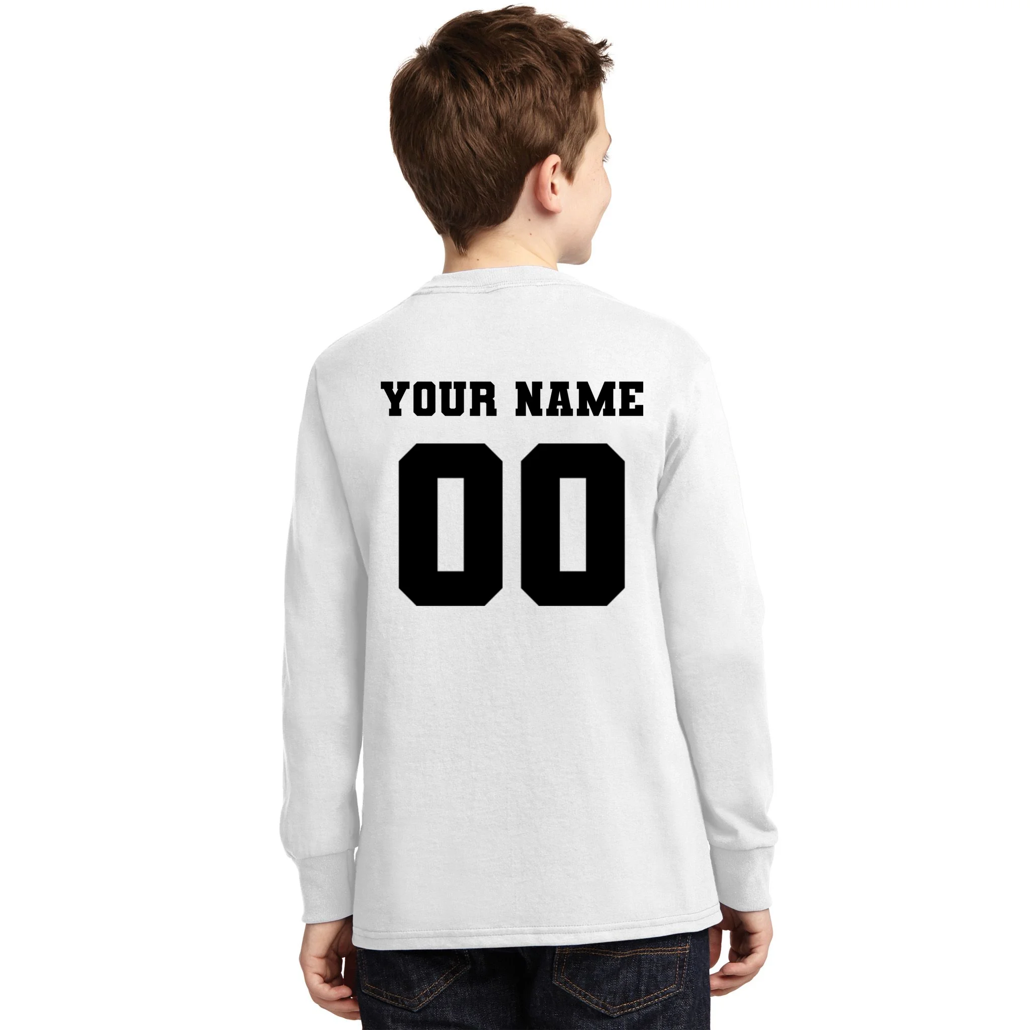 Your Name 00 Custom Jersey Number Sports School Team Personalize Kids Long Sleeve Shirt - Back - Close-up