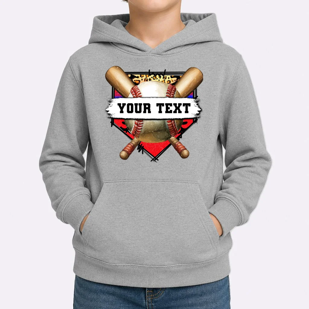YOUR TEXT Custom Personalized Team Name Baseball Bats and Base Kids Hoodie - Front 1