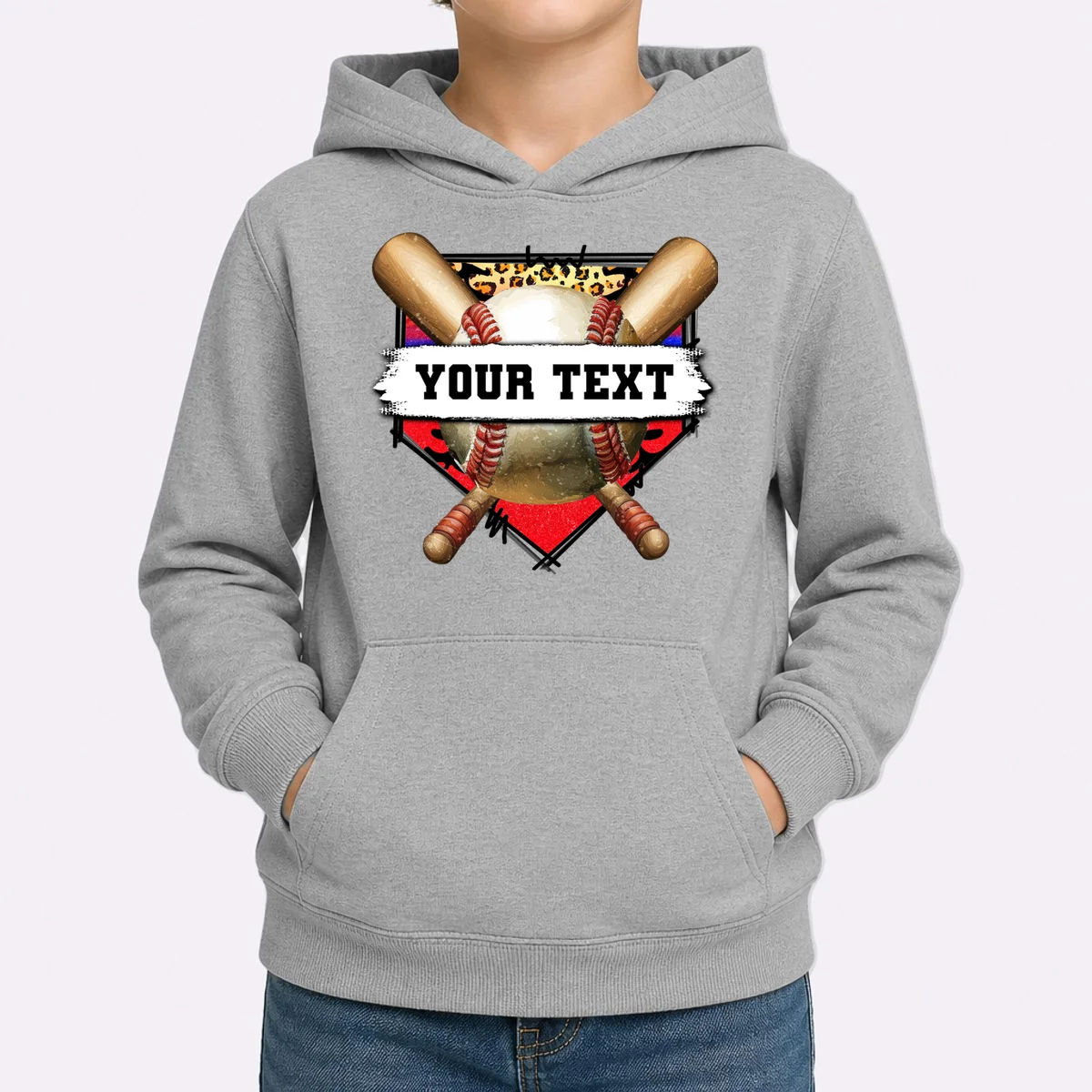 YOUR TEXT Custom Personalized Team Name Baseball Bats and Base Kids Hoodie - Front 1