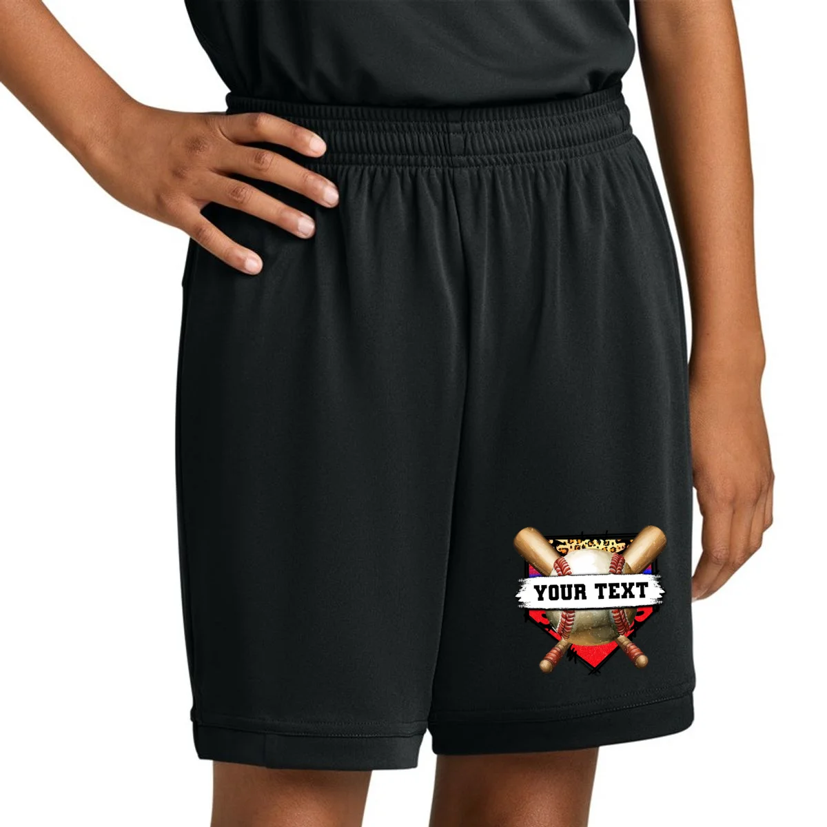 YOUR TEXT Custom Personalized Team Name Baseball Bats and Base Kids Shorts - Front 1
