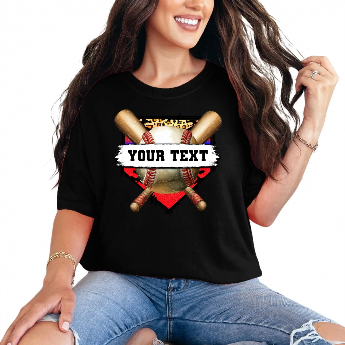 YOUR TEXT Custom Personalized Team Name Baseball Bats and Base T-Shirt - Front