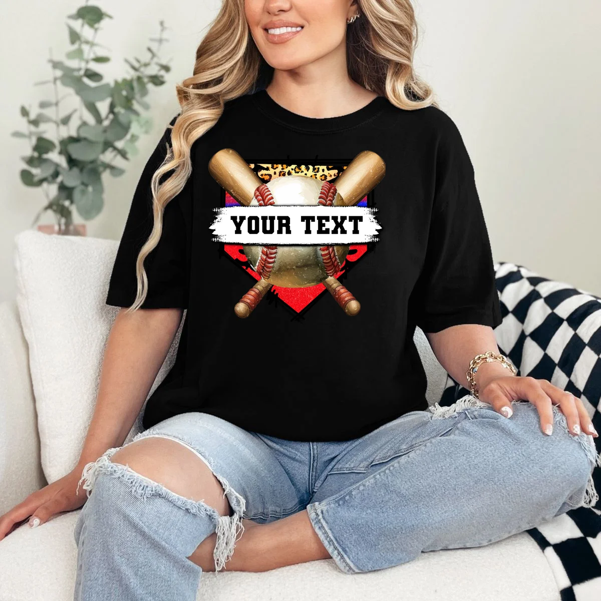 YOUR TEXT Custom Personalized Team Name Baseball Bats and Base T-Shirt - Front 1