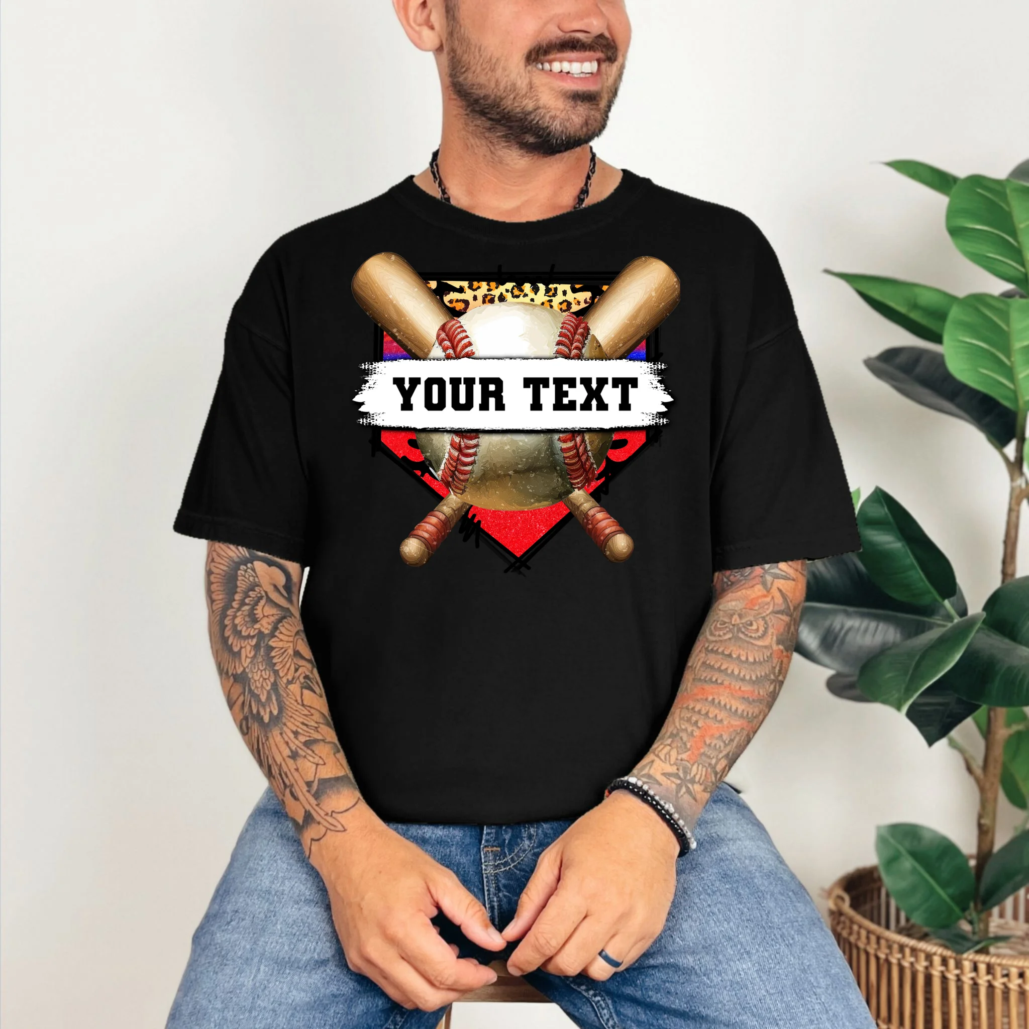 YOUR TEXT Custom Personalized Team Name Baseball Bats and Base T-Shirt - Front 2