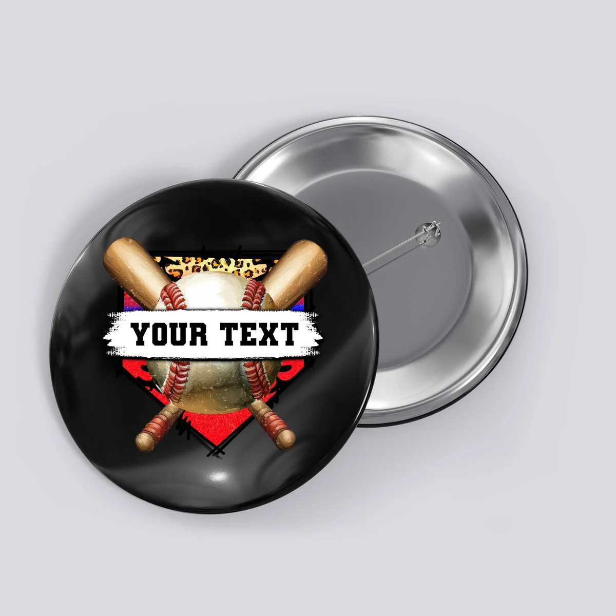 YOUR TEXT Custom Personalized Team Name Baseball Bats and Base Button - Front
