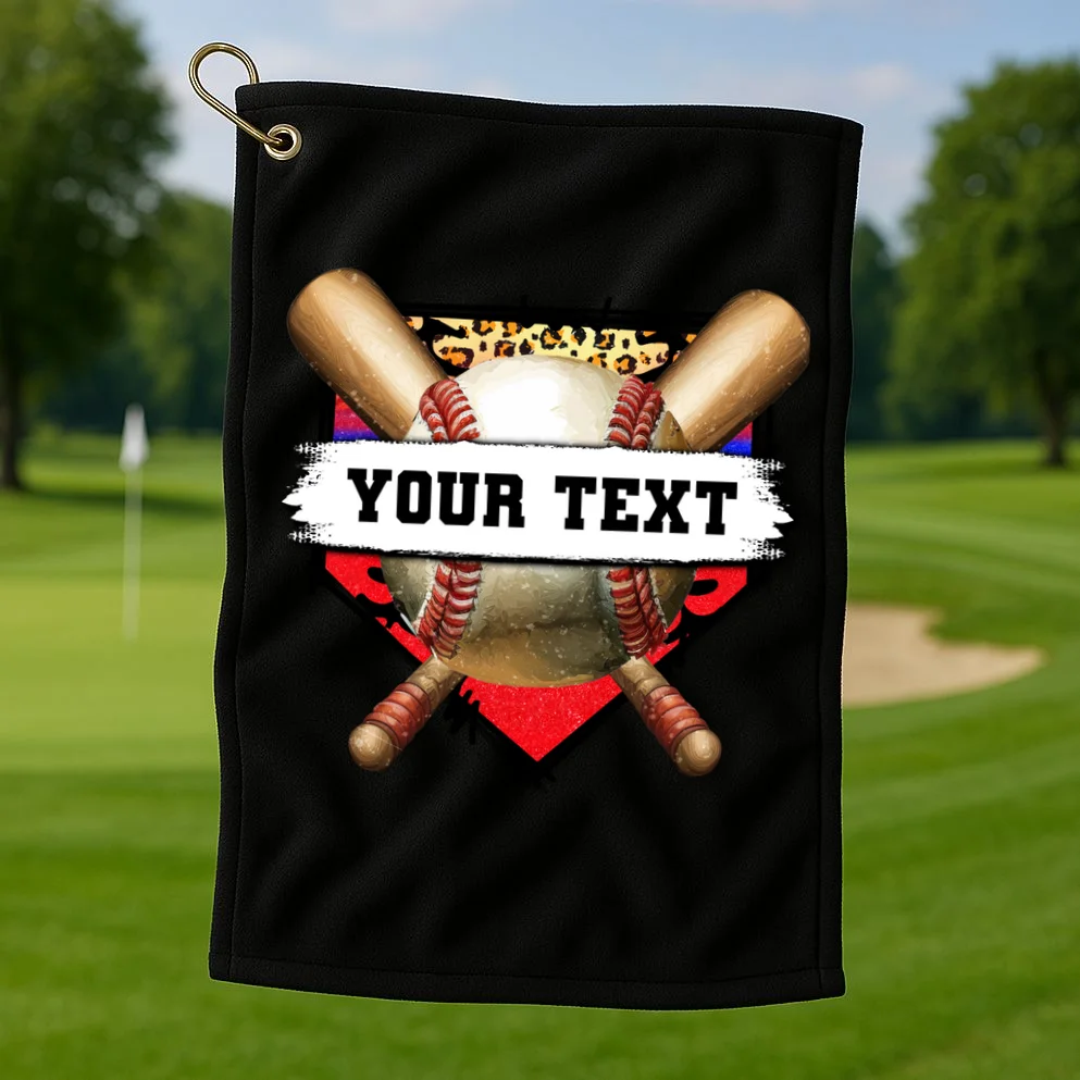 YOUR TEXT Custom Personalized Team Name Baseball Bats and Base Golf Towel - Front 1