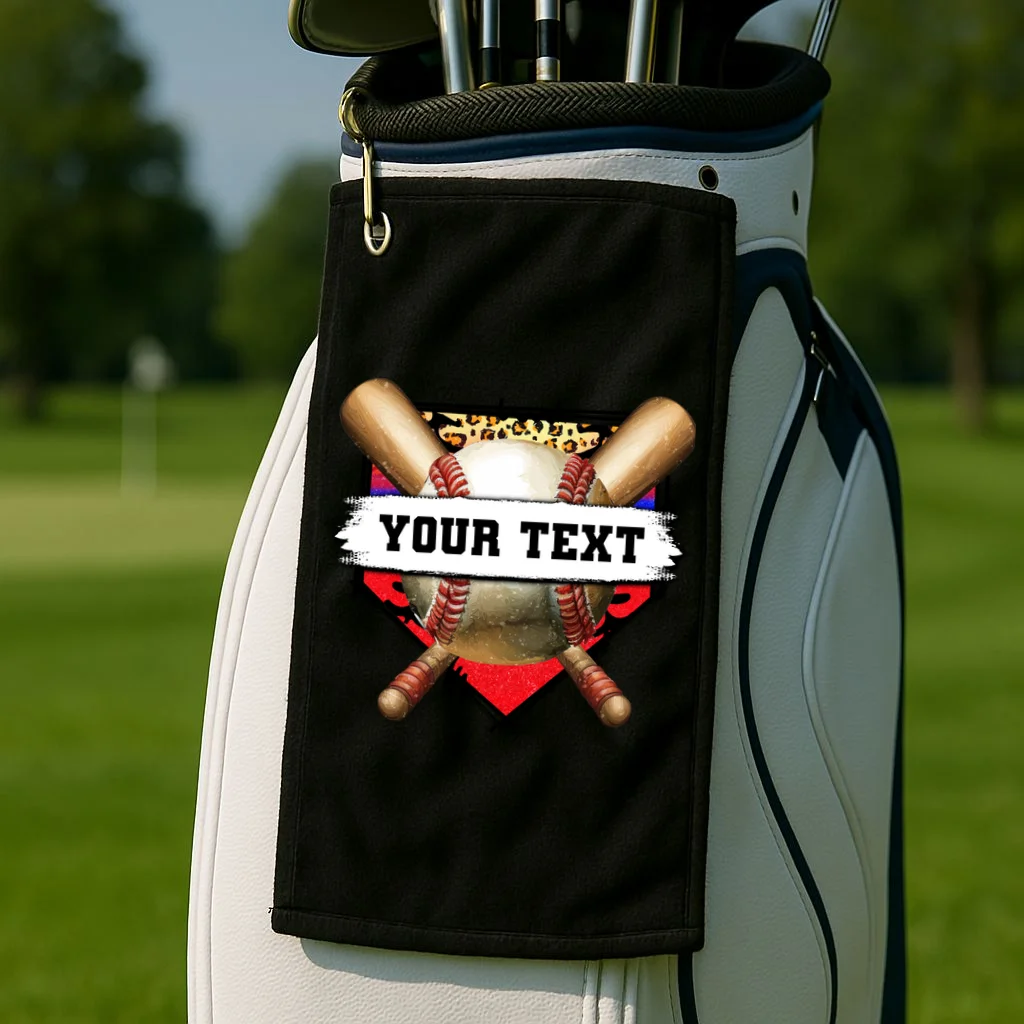 YOUR TEXT Custom Personalized Team Name Baseball Bats and Base Golf Towel - Front 2