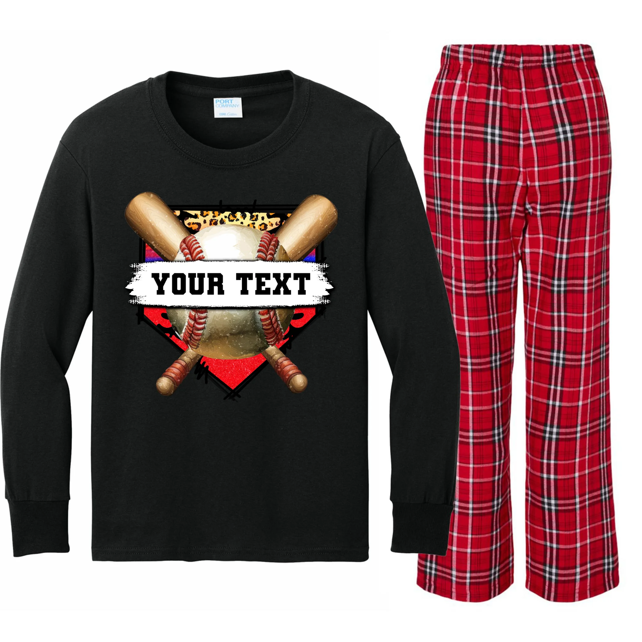YOUR TEXT Custom Personalized Team Name Baseball Bats and Base Kids Long Sleeve Pajamas - Front