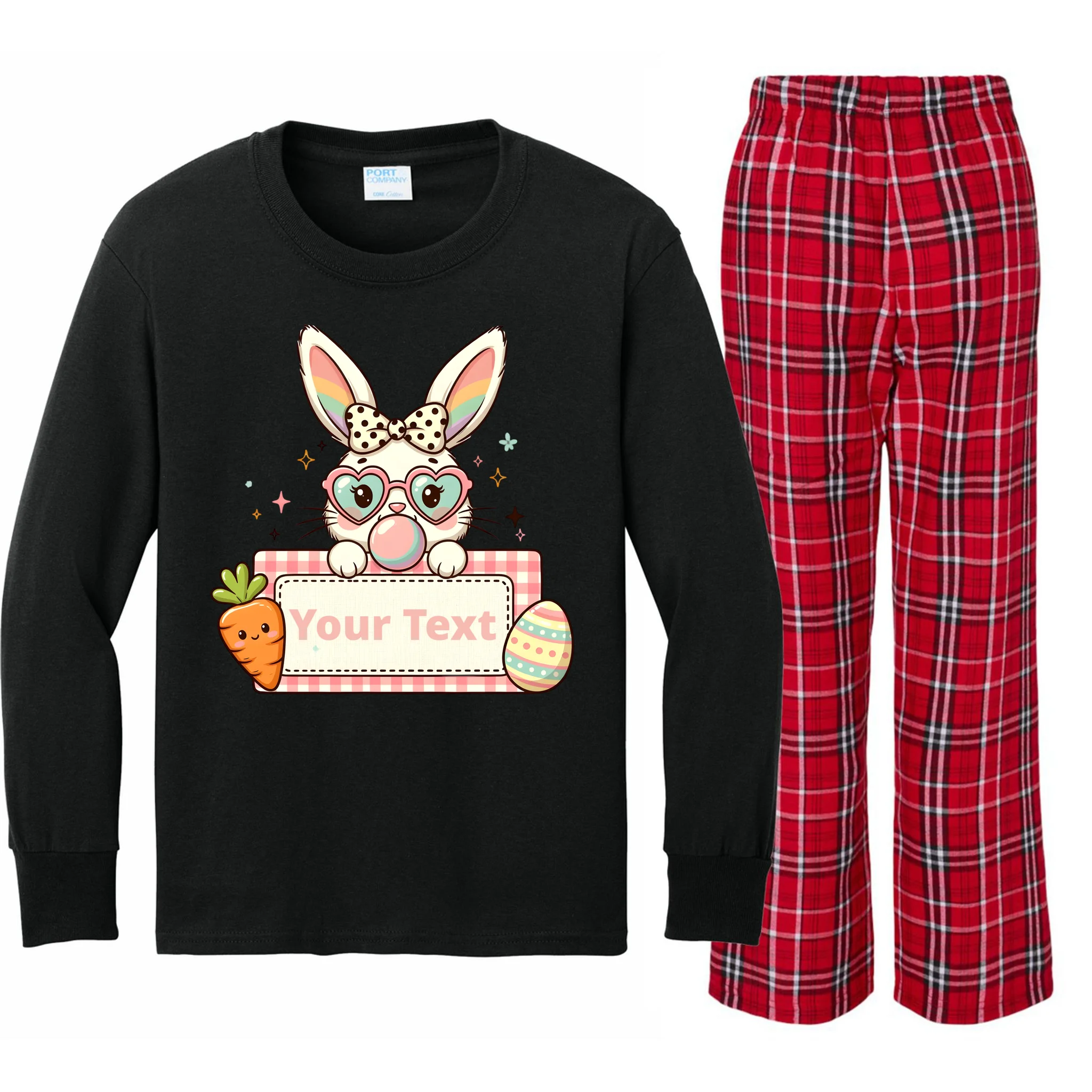Your Text Personalized Custom Text Cute Girls Easter Bunny Kids Long Sleeve Pajamas - Front